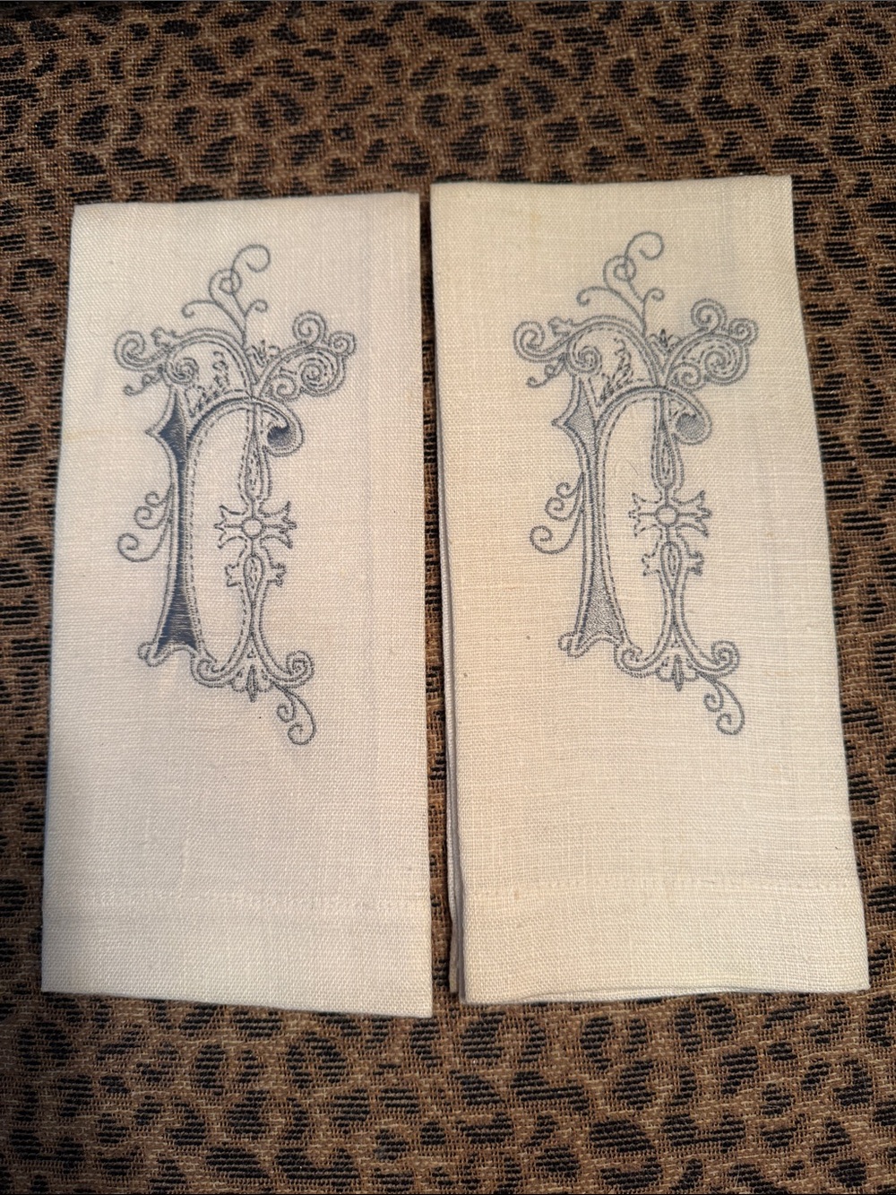 BRAND NEW! Embroidered Monogram Linen Napkins in White w/ Gray Detail. Set of 2